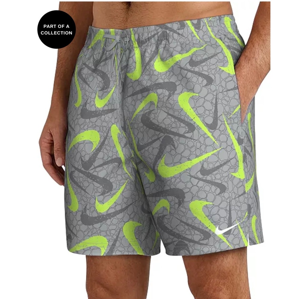 Nike Swim Shorts Mens Small Gray Volt Yellow NWT Swoosh Print Volley Trunks